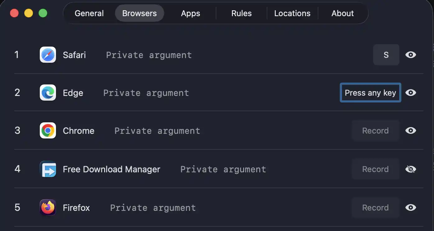 Browserino给浏览器设置快捷键
