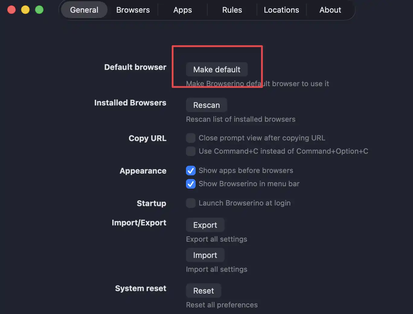 Browserino设置为默认浏览器